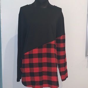 Gingham color block curved hem long sleeve